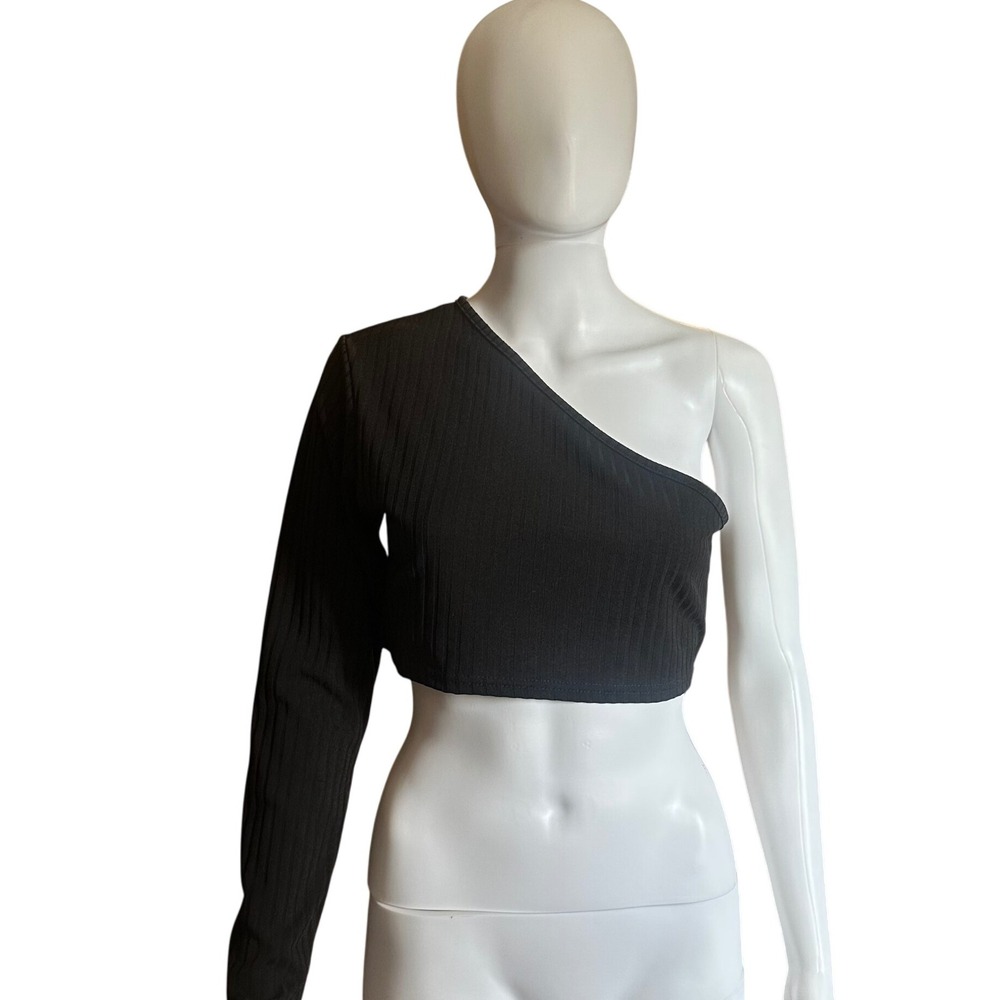 PrettyLittleThing One Shoulder Top Ribbed Long Sleeve Crop Top Black‎ US 10